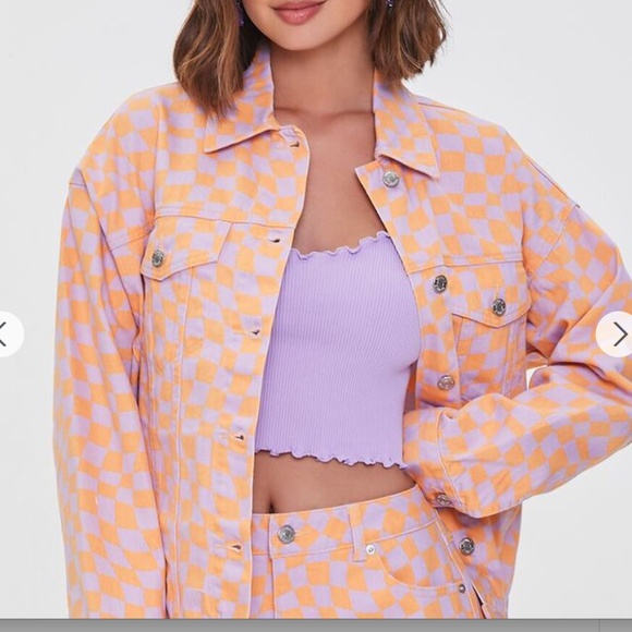 Forever 21 Jackets & Blazers - NWT Forever 21 Checkered Oversized Denim Jacket in Cantaloupe/Lavender Size S